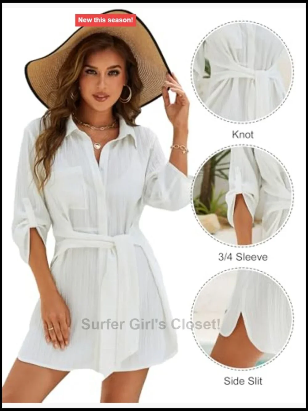 Women's Swimsuit Cover Up Tie Side Beach Dress Shirt 3/4 Sleeve